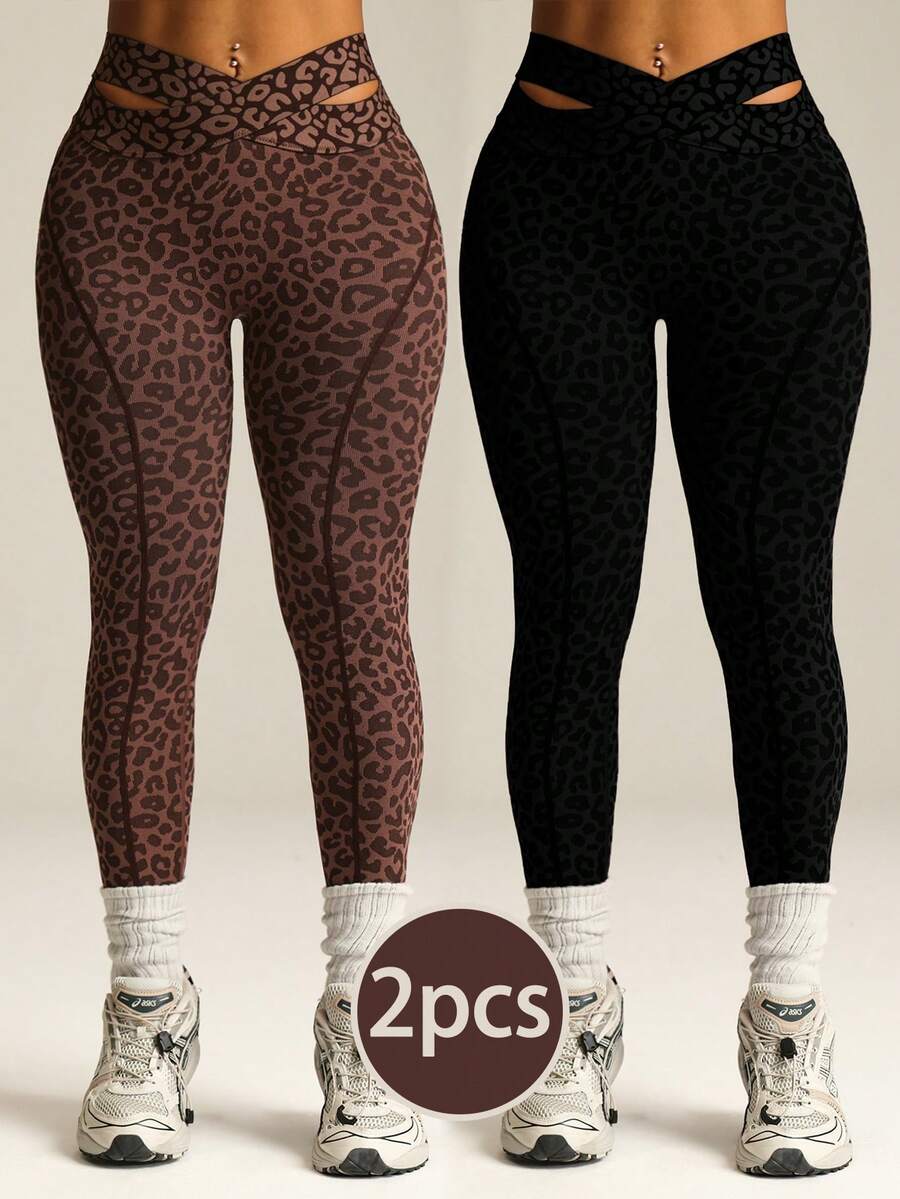 Velisys 2条装女士加大码无缝高弹交叉腰性感豹纹跑步、健身、瑜伽、户外运动七分紧身裤 - 彩色 - 查看 1