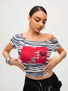 MTV | SHEIN Women's Zebra Print & Letter Pattern Tight Fit T-Shirt, Summer - Black and White - View 6