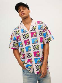 MTV | SHEIN Men's Casual Fashion Street Full-Width Letter Print Lapel Collar Short Sleeve Shirt, Summer - Hot Pink - View 4