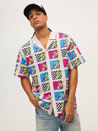 MTV | SHEIN Men's Casual Fashion Street Full-Width Letter Print Lapel Collar Short Sleeve Shirt, Summer