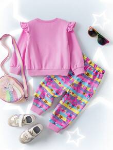 SHEIN Trolls Baby Girl Casual Cartoon Pattern Ruffle Trim Sweatshirt And Pants Set, Autumn - وردي - مشاهدة 2
