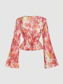 SHEIN MOD Women's Rose Print V-Neck Flare Sleeve Ruffle Hem Blouse, Suitable For Vacation, Music Festival, Bohemian, Holiday, Date, Afternoon Tea, Beach - Multicolor - View 3