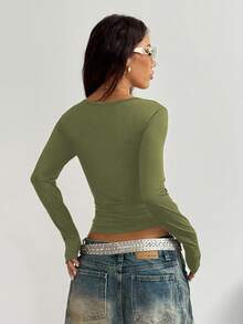 StreetHx Women's Black U-Neck Fitted Comfortable Silver Letter Print Punk Rock Y2K Baddie Casual Streetwear College 2000s Style Long Sleeve T-Shirt - Green - View 2