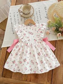 SHEIN 女婴编织花卉图案圆领荷叶边下摆休闲连衣裙 - 白色 - 查看 2