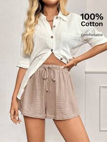 Easowa Shorts de mujer de algodón cómodos y con cintura elástica, adecuados para el ocio diario y el estilo retro, shorts de verano cómodos para mujeres, shorts de verano cómodos, shorts casuales para mujeres, shorts para cubrir - Camel - Ver 6