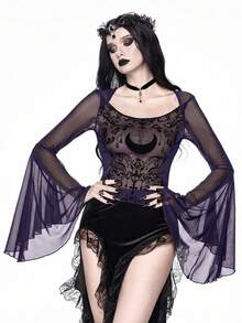 ROMWE Goth Dark Vintage Palace Vine & Moon Pattern Flocked Sheer Mesh Top For Women - Purple - View 6
