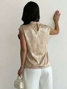 Firerie 女士新款优雅复古极简通勤围巾领修身真丝衬衫上衣，春夏秋季，情人节，优雅女士衬衫上衣，围巾领短袖女士上衣，教师节，优雅，通勤，商务，日常，极简，奢华，工作装 - 金色 - 查看 3