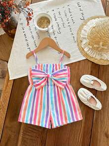 SHEIN LMoss Kids Bộ áo liền quần mùa hè dễ thương cho bé gái, màu hồng và trắng kẻ sọc, có nơ trang trí. - Nhiều màu - Xem 3