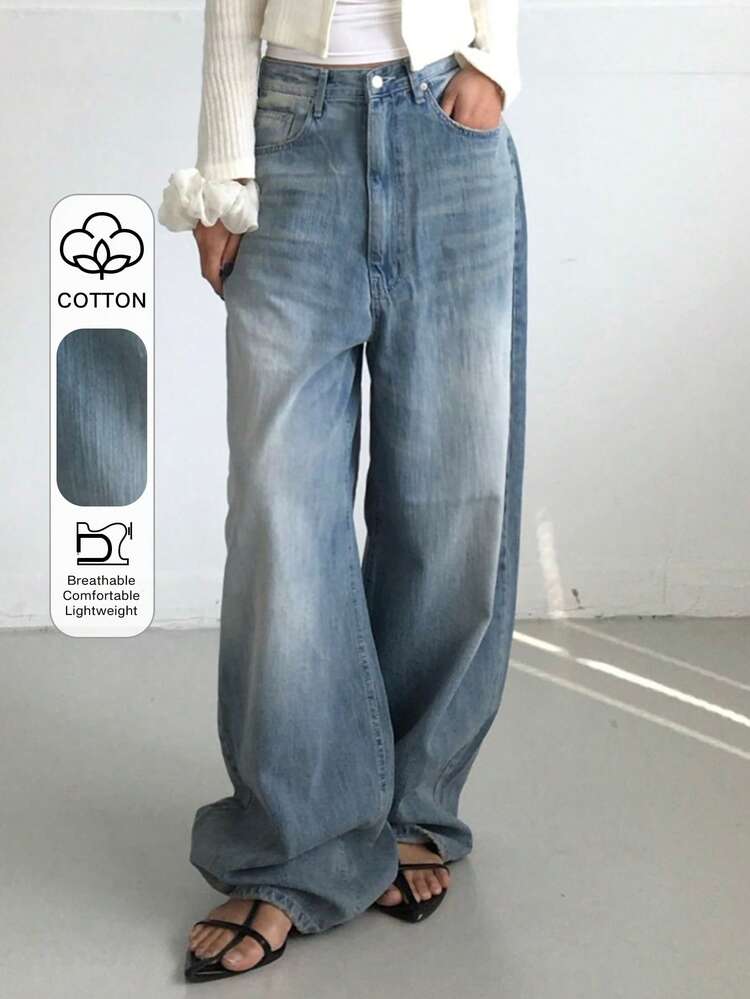 Vintage Washed Loose Fit High Waist Wide Leg Jeans, Versatile Light Blue Denim Pants For Women, Winter Y2k