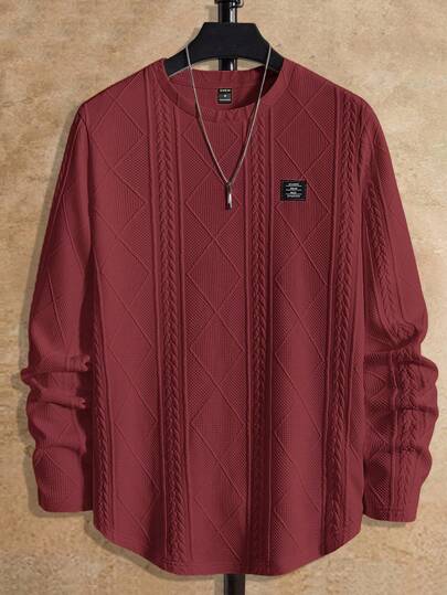 HIMLAND 男士字母图案宽松圆领针织休闲长袖T恤