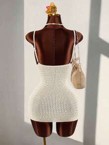 Amplova Women's Crochet Mini Dress, Sexy Sheer Floral Slip Dress, Vacation Dress - Apricot - View 6