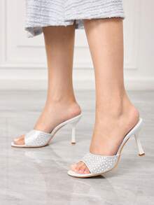 Sleekvia Women's Fashionable & Elegant Commuter Rhinestone Decorated Heeled Sandals Valentine's Day - White - View 5
