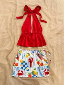 Soleia Bộ trang phục thời trang dự tiệc hẹn hò dành cho nữ, gồm áo cổ chữ V sâu, buộc dây cổ và chân váy ngắn. - Nhiều màu - Xem 3