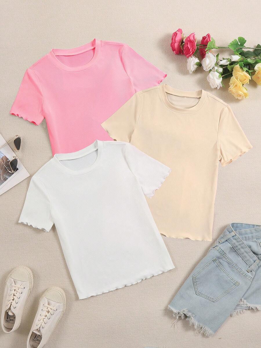 SHEIN Genkimix Kids 3pcs/Set Girls' Ribbed Short Sleeve T-Shirts, Pink/White/Light Blue, Round Neck + Ruffle Sleeve Design, Soft Ribbed Fabric, All-Match Versatile Summer Tops - Multicolor - View 1