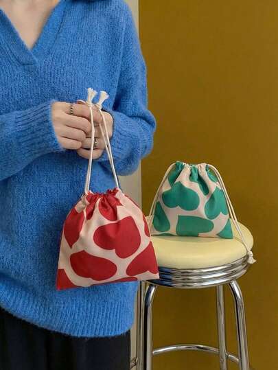 Joivida 1PC Heart Design Small Makeup Bag Portable Drawstring Cosmetic Pouch For Lipstick Nail Polish Organizer Travel Toiletry Bag Gift For Women Friends Relatives Birthday Present