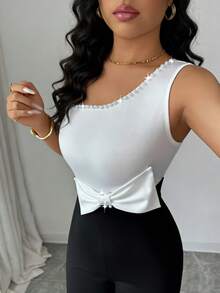 Elenzga Mono con bloque de color, lazo y decoración de perlas en el hombro, elegante para ir al trabajo, uso diario, salidas y vacaciones - Blanco y Negro - Ver 4