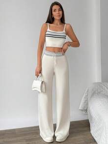 SHEIN White Stripe Knit Top And Pant Knit Set - White - View 5