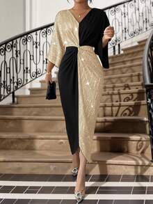 SHEIN Lady 大码女士优雅派对鸡尾酒会V领亮片拼接紧身连衣裙 - 金色 - 查看 5