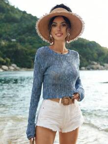 Breezaya Suéter de cuello redondo de manga larga con diseño calado para mujer, para otoño e invierno - Azul - Ver 5