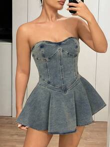 SHEIN ICON Vestido tubo de mezclilla de moda para citas y fiestas - Azul - Ver 3