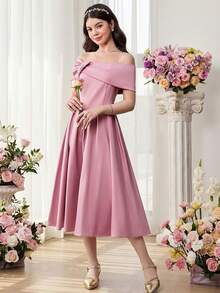 SHEIN Pitira Vestido elegante con chal tejido rosa con decoración de rhinestones para adolescentes - Rosa - Ver 5