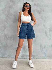 EURMUSE Pantalones de cintura alta de algodón 100% con detalles de bolígrafos, lavado vintage - Azul lavado oscuro - Ver 3