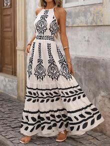 Brillora Women's Summer Boho Vacation Holiday Dress,White And Black Print Layered Hem Elegant Wedding Guest Floral Dresses,Casual Beach Luxury Evening Outfit - Black and White - View 2