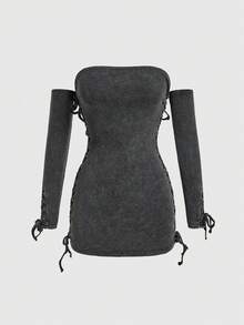 ROMWE Grunge Punk Robe longue à manches longues, épaules dénudées, avec nœud et découpes, style déchiré pour femmes - Noir - Voir 2