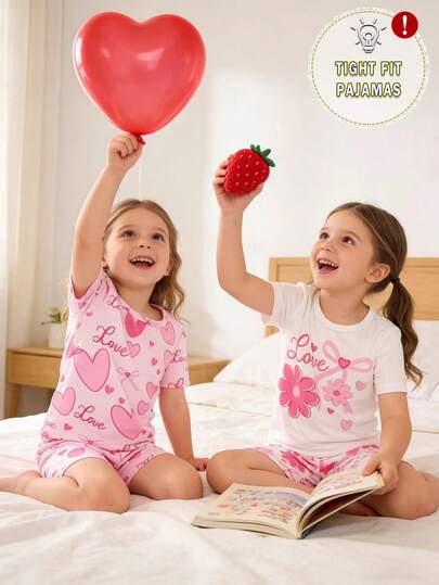 4pcs Young Girl' Cartoon Theme Beige & Pink Heart Slogan Floral Print Snug Fit Short Sleeve Shorts Pajama Set