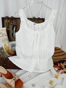 Trelyra 女士法式优雅蕾丝拼接圆领蝴蝶结无袖短款休闲百搭背心，春夏款 - 白色 - 查看 3