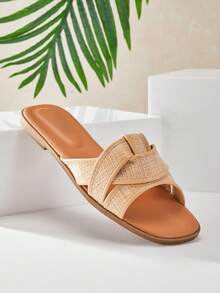 SHUZIA Women's Minimalist Casual Comfy Crisscross Flat Sandals - Beige - View 7