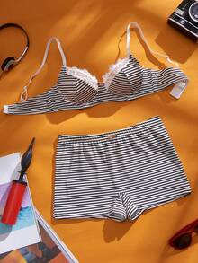 Eraneu 2件装女士条纹印花钢圈软杯舒适文胸套装 - 黑與白 - 查看 6