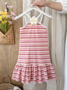 SHEIN Vintaside Kids Đầm hai dây hở lưng kẻ sọc cầu vồng thời trang ngọt ngào cho bé gái, trang phục dễ thương cho kỳ nghỉ hè. - Nhiều màu - Xem 4