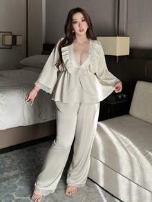 Dazy Plus Plus Size Lace Trim Ruffle Hem Top And Pants Pajama Set - White - View 7