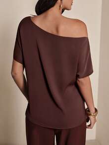 Modelyn Women's Elegant Asymmetric Collar Cinched Waist T-Shirt, Suitable For Commuting In Summer - Brown - View 2