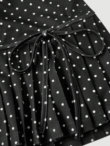 SHEIN MOD Women's Black And White Polka Dot Pleated Hem A-Line Skirt,Cute Back-To-School School Style For Autumn,Lining In Shorts,Phone Pocket,Tea Party Skirt - Black and White - View 4