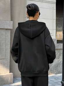 Muchica Women's Letter Print Long Sleeve Zip Front Pocket Sweatshirt - Black - View 2