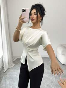 Siren Gaze Damen Einfarbige Satin Plissee Taille Design Bluse, elegantes Damen Hemd - Aprikosenfarben - Übersicht 4