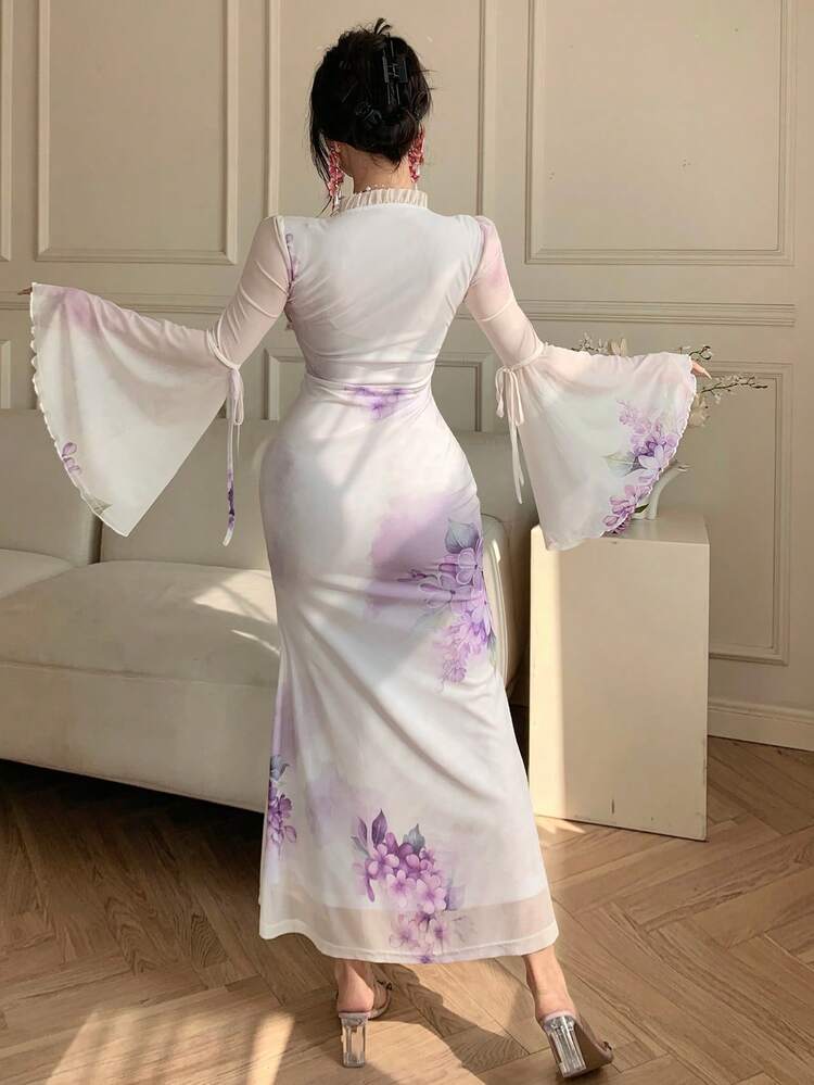 Spring & Summer Floral Lace Print Elegant Dress, Slim Fit Sheer Chiffon Patchwork Dress For Wedding, Party, Formal Occasion, Commute Sundress