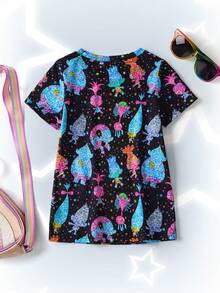 SHEIN Trolls 女婴休闲印花圆领短袖连衣裙，夏季 - 黑色 - 查看 2