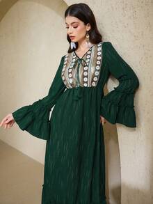 Al Najma Women's Elegant Sequin Patchwork Flare Sleeve Dress, Autumn - Dark Green - View 3