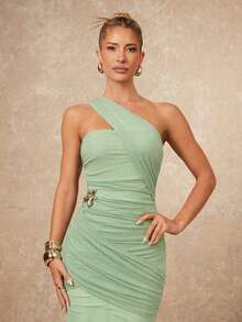 Lumalex 女士不对称网纱柔软飘逸露背褶皱修身鱼尾连衣裙 - 灰綠 - 查看 2