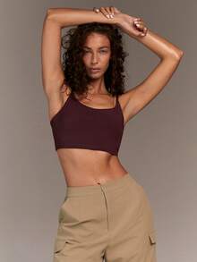 Menodora SHEIN Sport 女士纯色短款吊带运动上衣 - 棕色 - 查看 2