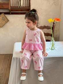 SHEIN 2-Piece Cute Baby Girl Casual All-Over Striped Bow Pattern Sleeveless Vest And Elastic Waist Pants Set Is Suitable For Birthday Parties, Parties, Performances, Weddings, Baptisms, And Opening Ceremonies, And Is Perfect For Spring And Summer.