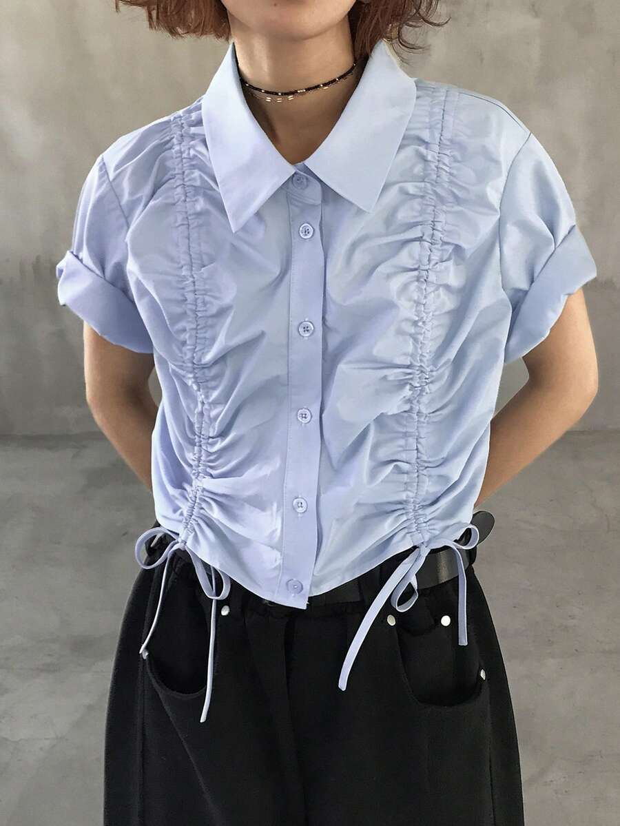 FRIFUL Camisa de verano para mujer con cuello regular, frente con cordón y mangas cortas - Azul - Ver 1