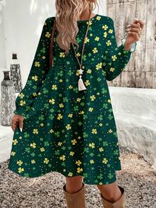 EMERY ROSE St. Patrick's Day Casual Minimalist Ditsy Floral Pattern Loose Fit Round Neck Plus Size Dress, Suitable For Spring And Summer Spring - Multicolor - View 4