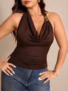 Elaquor 大码女式纯色深V领金属装饰时尚吊带背心巧克力棕色上衣春季女式上衣 - 咖啡棕 - 查看 5