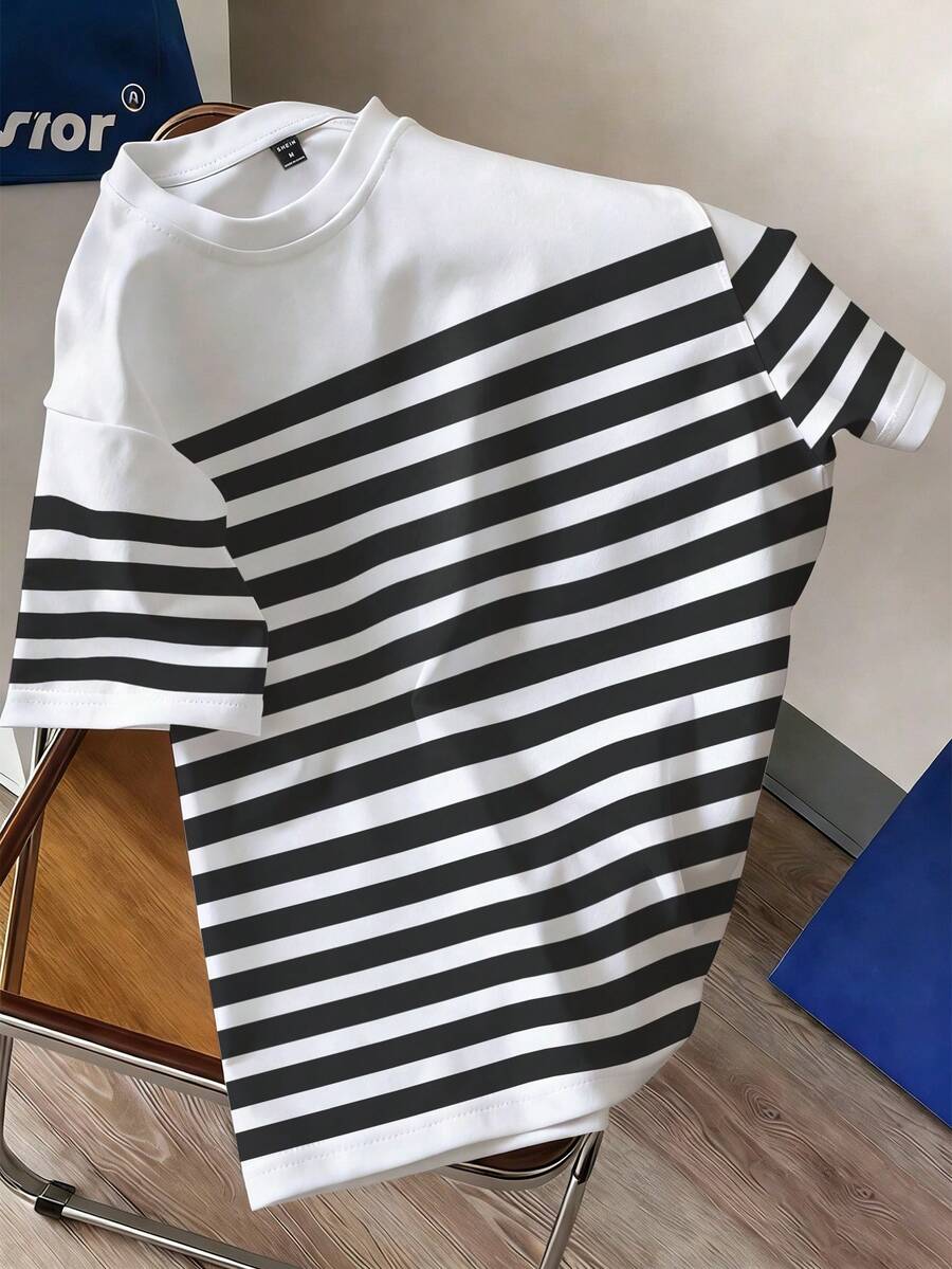 Manfinity Joysei Men's Striped Print Round Neck Short Sleeve Casual Versatile T-Shirt - Multicolor - View 1