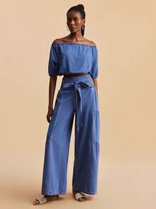 Travachic Women's Off Shoulder Short Sleeve Cropped Denim Top - Medium Wash - View 4