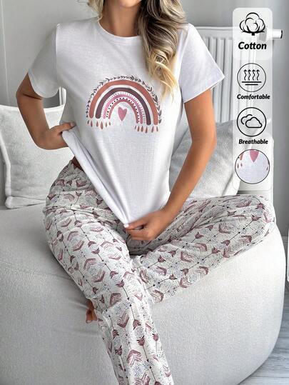 EURMUSE Cottonline Plus Size Women Rainbow Retro Pattern Sleep Tee + Overall Retro Pattern Long Sleep Bottom Pajama Lounge Set Pijama Cotton For Women Women Pjs Set Pijama Set For Women Womens Pjs Set Sleep Wear Women Set
